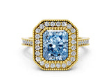 Yellow gold Fancy Blue Radiant  Diamond Halo Ring with Milgrain Frame and Pavé Band