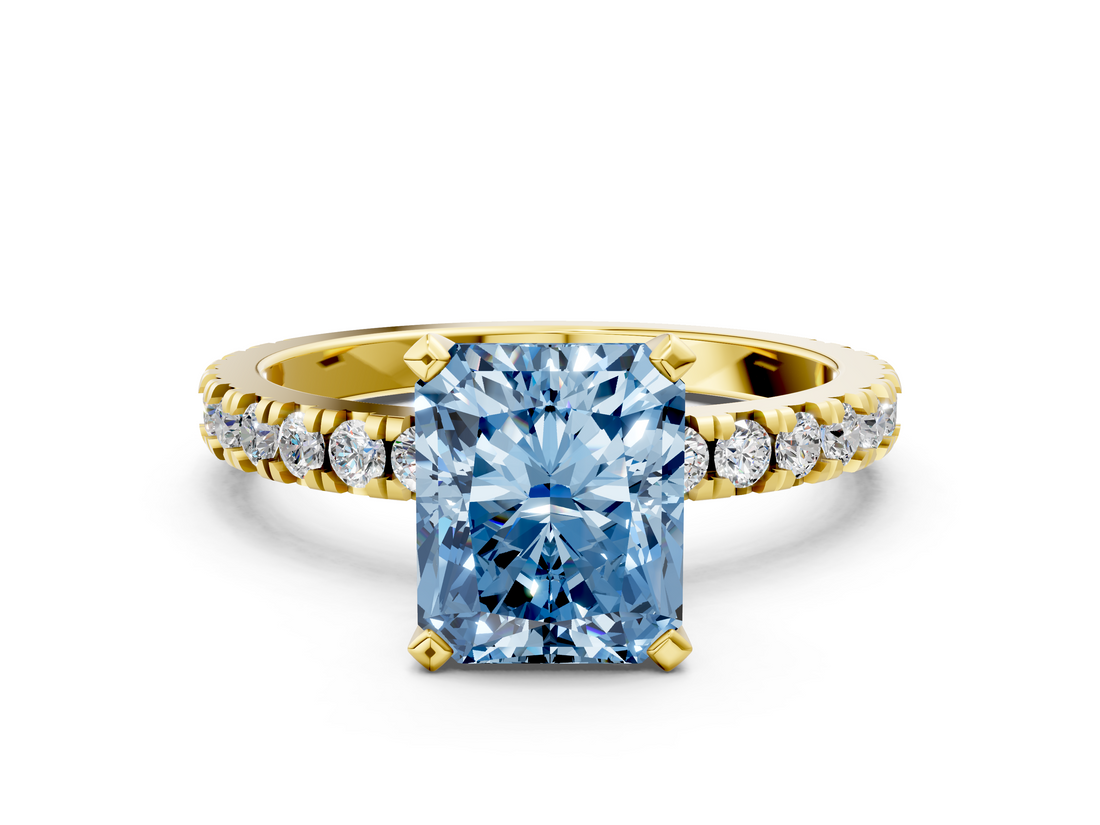 Yellow gold Fancy Blue Radiant  Diamond Pavé Band Solitaire with Four-Prong Setting_121