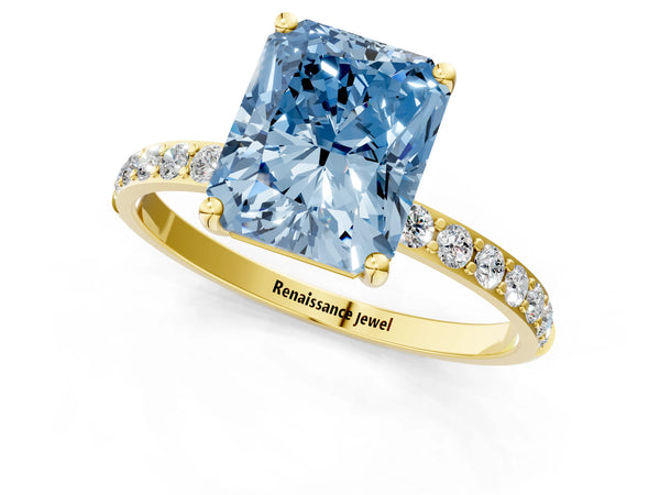 Yellow gold Fancy Blue Radiant  Diamond Pavé Band with Six-Prong Setting