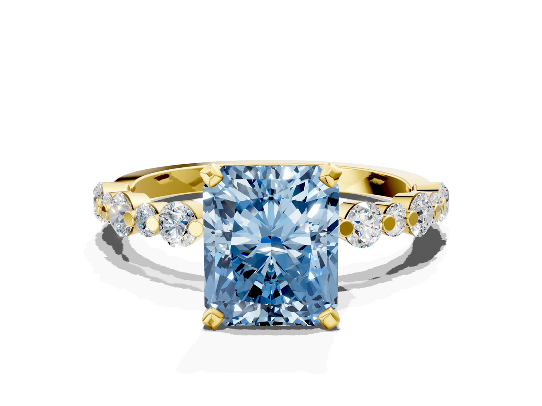 Yellow gold Fancy Blue Radiant  Diamond Prong Set Engagement Ring with Pave Band_203