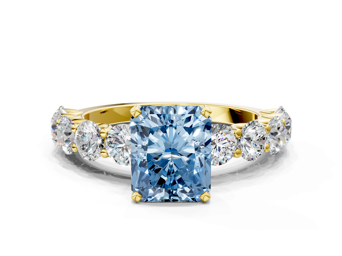Yellow gold Fancy Blue Radiant  Diamond Prong Setting with Side Stones on a Pave Band_142