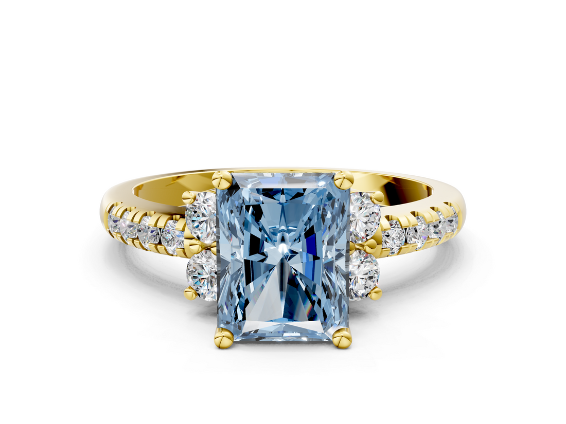 Yellow gold Fancy Blue Radiant  Diamond Three-Stone Pave Band with Four-Prong Setting_20