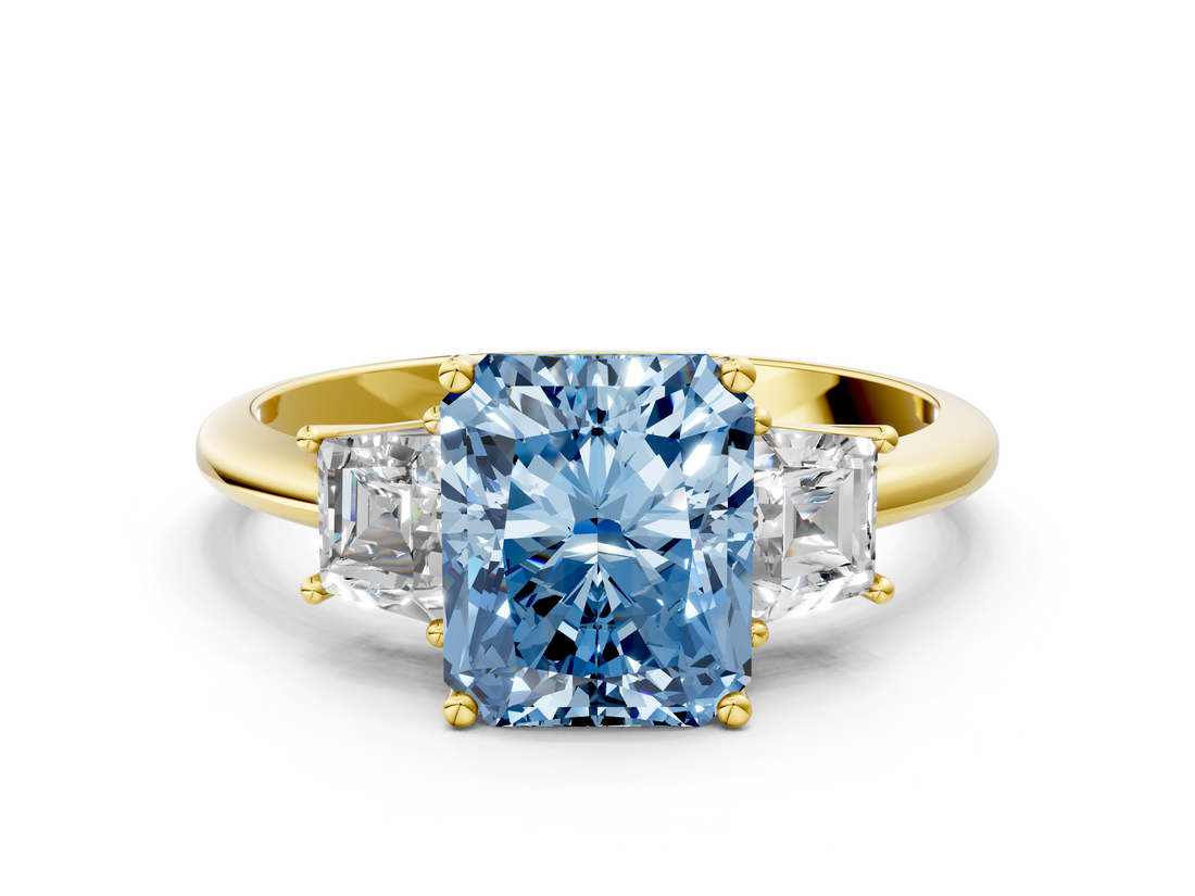 Yellow gold Fancy Blue Radiant  Diamond Three-Stone Ring with Trapezoid Side Stones and Prong Setting_16