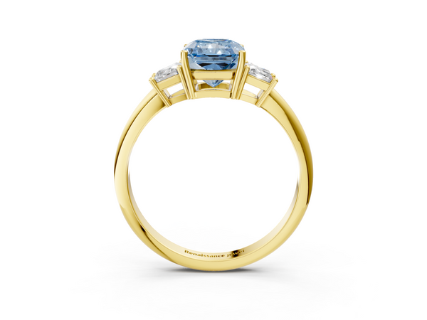 Yellow Gold Radiant Cut Three Stone Engagement Ring Setting for Fancy Blue Center with Trapezoid Side Stones
