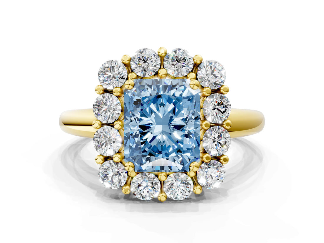 Yellow gold Fancy Blue Radiant  Halo Cluster Diamond Engagement Ring with Prong Setting and Polished Band_75