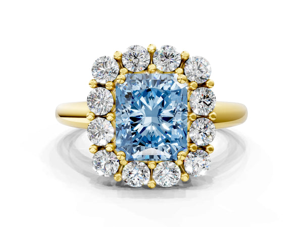 Yellow gold Fancy Blue Radiant  Halo Cluster Diamond Engagement Ring with Prong Setting and Polished Band