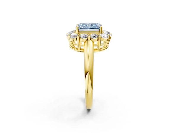 Yellow gold Fancy Blue Radiant  Halo Cluster Diamond Engagement Ring with Prong Setting and Polished Band