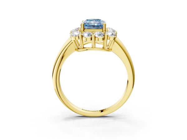 Yellow gold Fancy Blue Radiant  Halo Cluster Diamond Engagement Ring with Prong Setting and Polished Band