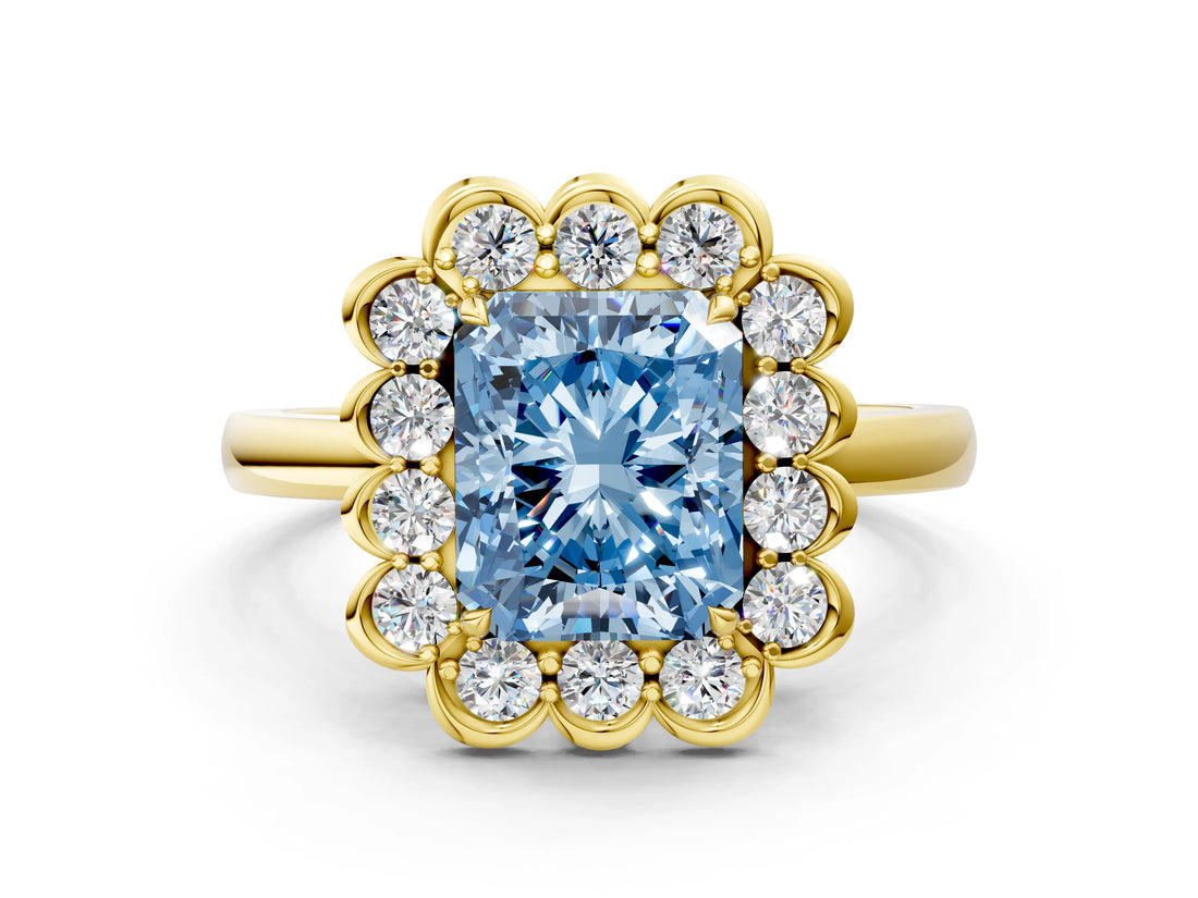 Yellow gold Fancy Blue Radiant  Halo Cluster Diamond Engagement Ring with Solitaire Band and Prong Setting_49