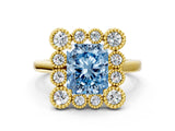 Yellow gold Fancy Blue Radiant  Halo Diamond Cluster Engagement Ring with Milgrain Bezel Setting and Solitaire Band_69