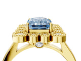 Yellow gold Fancy Blue Radiant  Halo Diamond Cluster Engagement Ring with Milgrain Bezel Setting and Solitaire Band_73