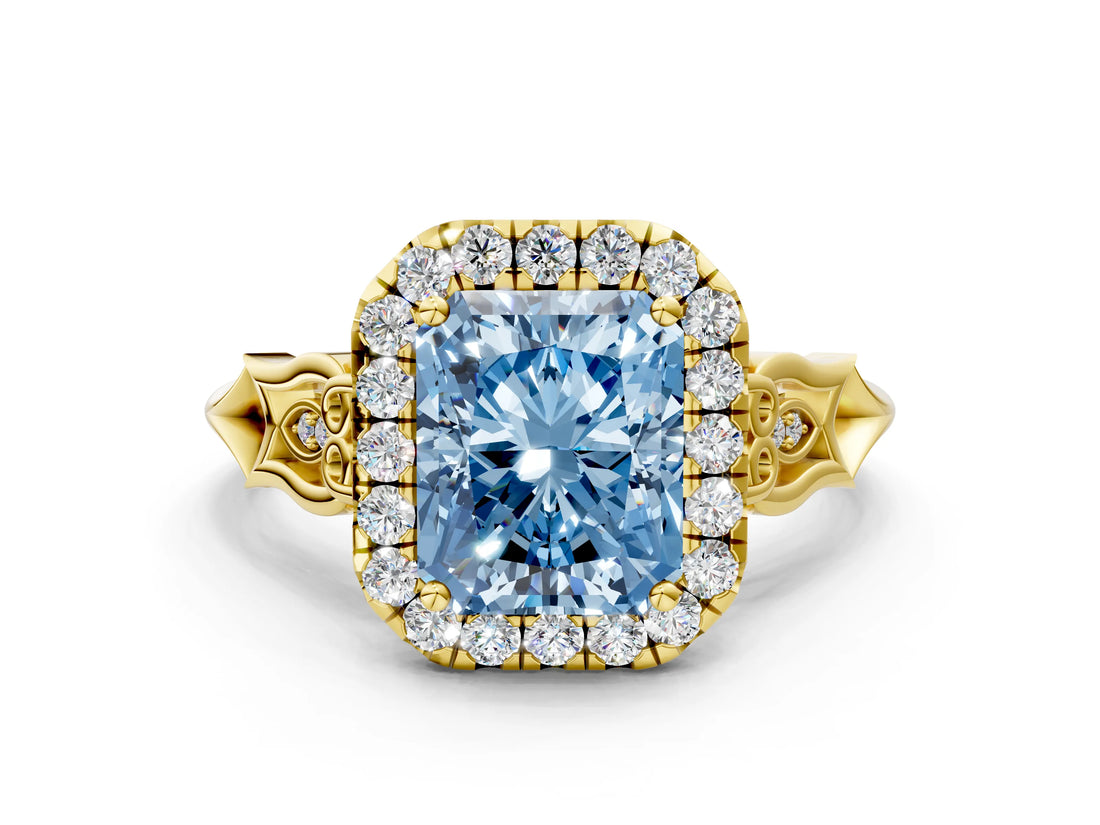 Yellow gold Fancy Blue Radiant  Halo Diamond Engagement Ring with Filigree Band and Four-Prong Setting_99