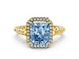 Yellow gold Fancy Blue Radiant  Halo Diamond Engagement Ring with Intricate Filigree Band and Four-Prong Setting_54
