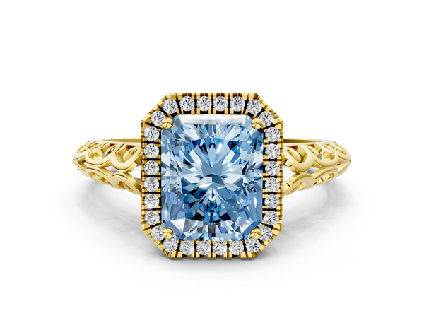 Yellow gold Fancy Blue Radiant  Halo Diamond Engagement Ring with Intricate Filigree Band and Four-Prong Setting