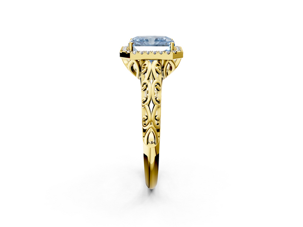 Yellow gold Fancy Blue Radiant  Halo Diamond Engagement Ring with Intricate Filigree Band and Four-Prong Setting