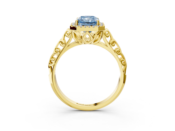 Yellow gold Fancy Blue Radiant  Halo Diamond Engagement Ring with Intricate Filigree Band and Four-Prong Setting