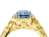 Yellow gold Fancy Blue Radiant  Halo Diamond Engagement Ring with Intricate Filigree Band and Four-Prong Setting_58