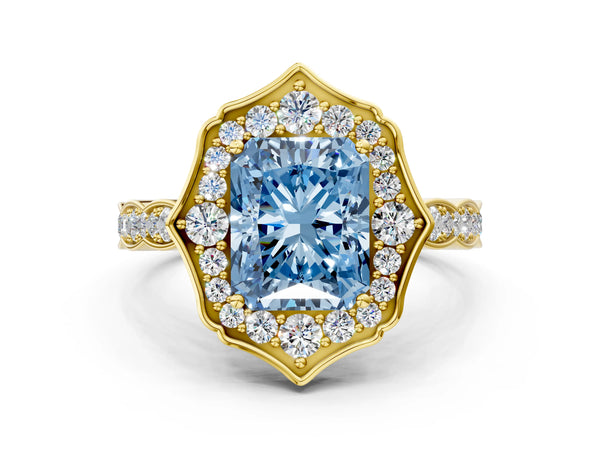 Yellow gold Fancy Blue Radiant  Halo Diamond Engagement Ring with Milgrain Band and Four-Prong Setting
