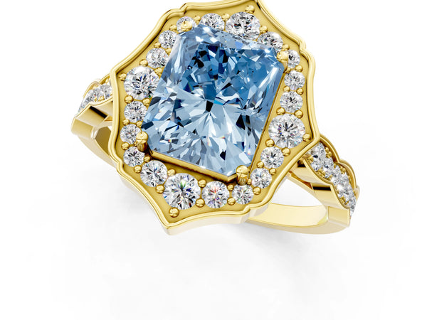 Yellow gold Fancy Blue Radiant  Halo Diamond Engagement Ring with Milgrain Band and Four-Prong Setting