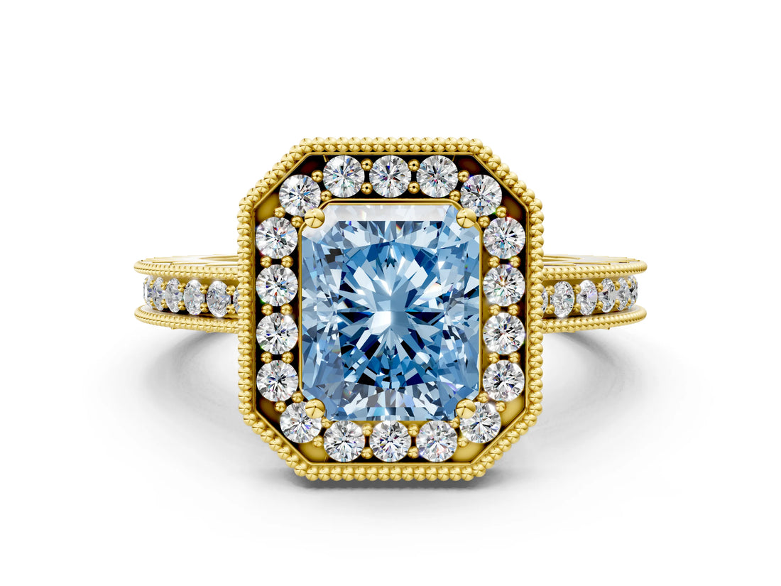 Yellow gold Fancy Blue Radiant  Halo Diamond Engagement Ring with Milgrain Pave Band and Four-Prong Setting_24