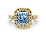 Yellow gold Fancy Blue Radiant  Halo Diamond Engagement Ring with Milgrain Pave Band and Four-Prong Setting_24
