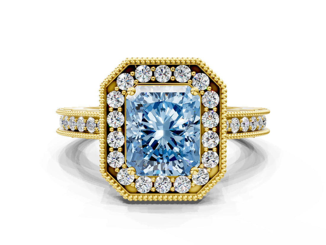 Yellow gold Fancy Blue Radiant  Halo Diamond Engagement Ring with Milgrain Pave Band and Four-Prong Setting_39