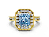 Yellow gold Fancy Blue Radiant  Halo Diamond Engagement Ring with Milgrain Pave Band and Four-Prong Setting_39