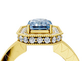 Yellow gold Fancy Blue Radiant  Halo Diamond Engagement Ring with Milgrain Pave Band and Four-Prong Setting_43