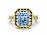 Yellow gold Fancy Blue Radiant  Halo Diamond Engagement Ring with Milgrain Pave Band and Four-Prong Setting_51