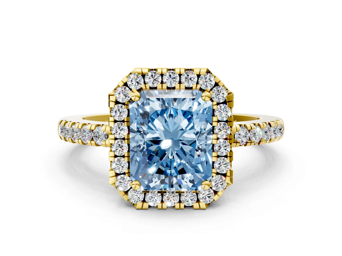 Yellow gold Fancy Blue Radiant  Halo Diamond Engagement Ring with Pavé Band and Four-Prong Setting_117