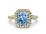 Yellow gold Fancy Blue Radiant  Halo Diamond Engagement Ring with Pavé Band and Four-Prong Setting_117