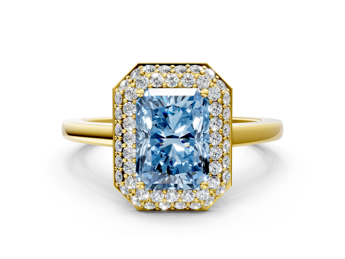 Yellow gold Fancy Blue Radiant  Halo Diamond Engagement Ring with Solitaire Band and Four-Prong Setting_20