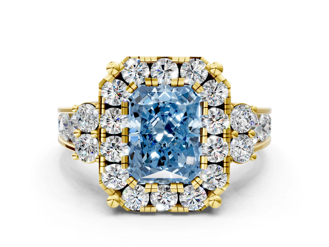 Yellow gold Fancy Blue Radiant  Halo Diamond Engagement Ring with Split Shank and Four-Prong Setting