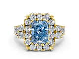 Yellow gold Fancy Blue Radiant  Halo Diamond Engagement Ring with Split Shank and Four-Prong Setting