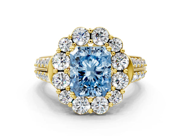 Yellow gold Fancy Blue Radiant  Halo Diamond Engagement Ring with Split Shank and Prong Setting