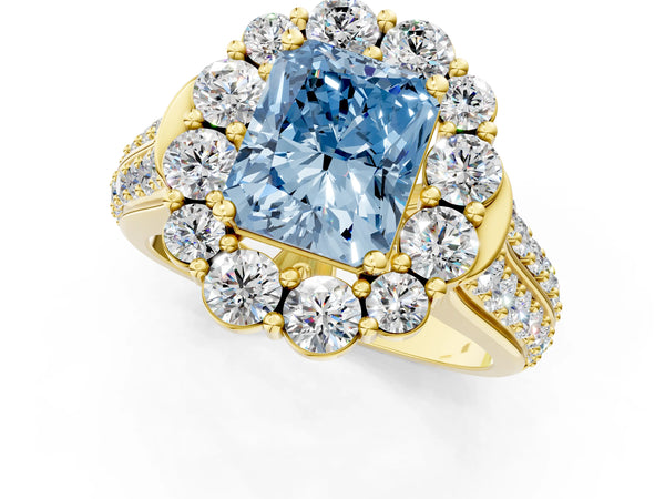 Yellow gold Fancy Blue Radiant  Halo Diamond Engagement Ring with Split Shank and Prong Setting