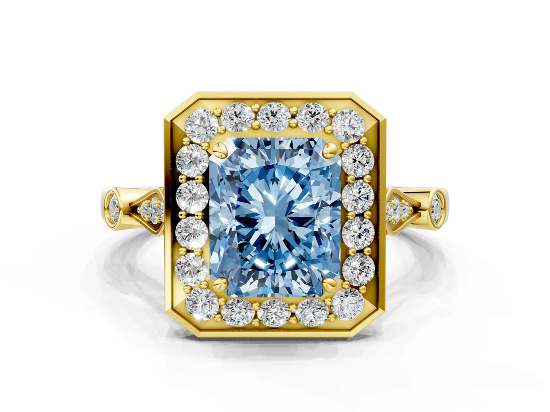 Yellow gold Fancy Blue Radiant  Halo Diamond Engagement Ring with Twisted Band and Four-Prong Setting 1