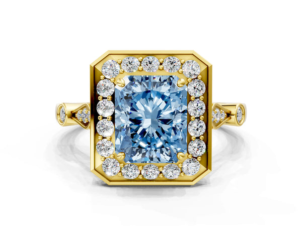 Yellow gold Fancy Blue Radiant  Halo Diamond Engagement Ring with Twisted Band and Four-Prong Setting