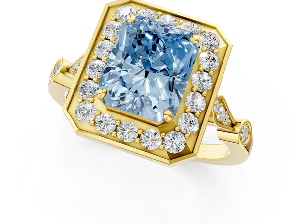 Yellow gold Fancy Blue Radiant  Halo Diamond Engagement Ring with Twisted Band and Four-Prong Setting