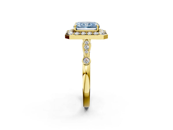 Yellow gold Fancy Blue Radiant  Halo Diamond Engagement Ring with Twisted Band and Four-Prong Setting