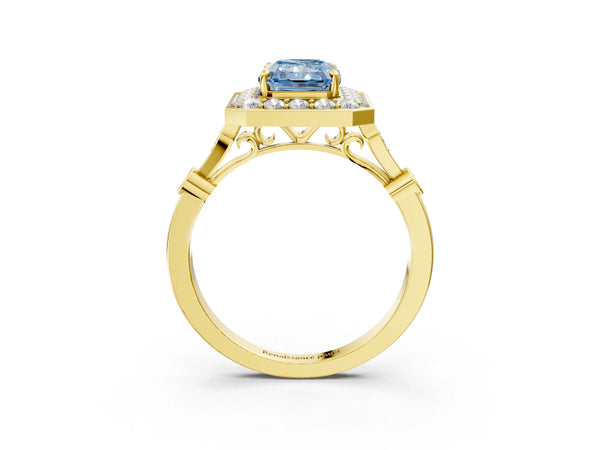 Yellow gold Fancy Blue Radiant  Halo Diamond Engagement Ring with Twisted Band and Four-Prong Setting