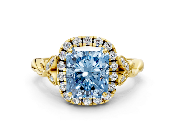 Yellow gold Fancy Blue Radiant  Halo Diamond Engagement Ring with Vintage-Inspired Band and Four-Prong Setting