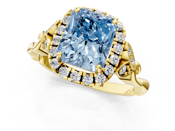 Yellow gold Fancy Blue Radiant  Halo Diamond Engagement Ring with Vintage-Inspired Band and Four-Prong Setting