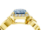 Yellow gold Fancy Blue Radiant  Halo Diamond Floral Band with Four-Prong Setting_59