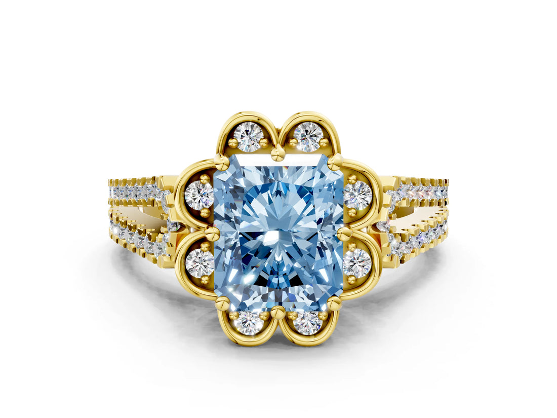 Yellow gold Fancy Blue Radiant  Halo Diamond Floral Split Shank Engagement Ring 1