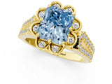 Yellow gold Fancy Blue Radiant  Halo Diamond Floral Split Shank Engagement Ring 2