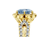 Yellow gold Fancy Blue Radiant  Halo Diamond Floral Split Shank Engagement Ring