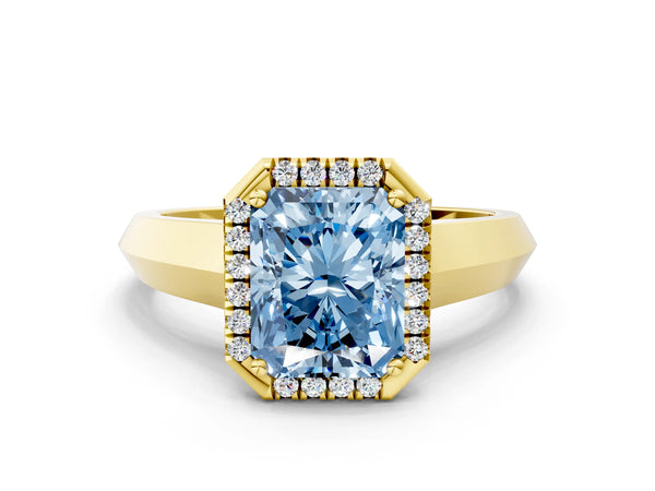 Yellow gold Fancy Blue Radiant  Halo Diamond Ring with Cathedral Band and Four-Prong Setting