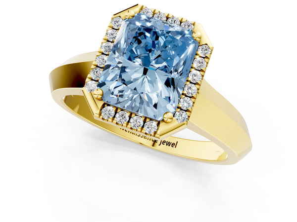 Yellow gold Fancy Blue Radiant  Halo Diamond Ring with Cathedral Band and Four-Prong Setting