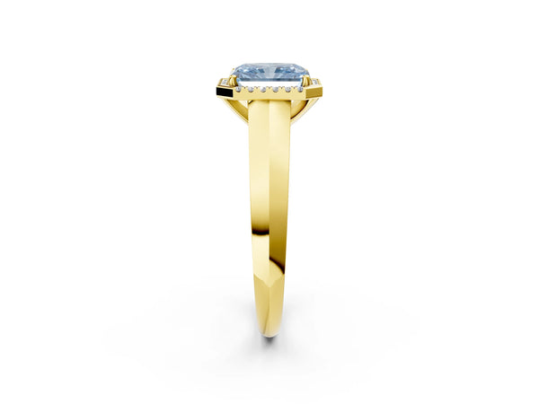 Yellow gold Fancy Blue Radiant  Halo Diamond Ring with Cathedral Band and Four-Prong Setting
